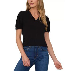 CeCe Top Size Large Black V-Neck Short Puff Sleeve Blouse with Scallop Trim